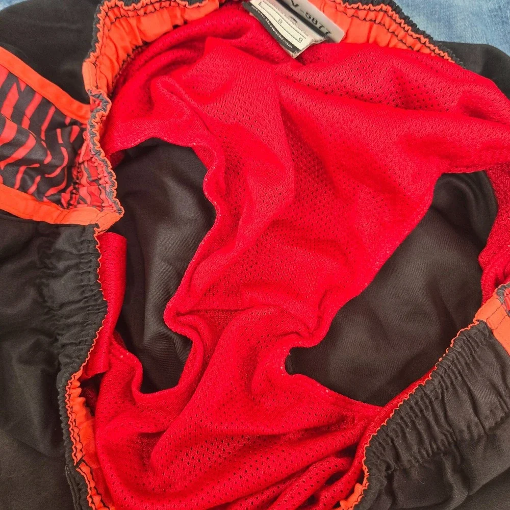 Nike Men Swimwear Large Black Red‎ Striped Swim Trunks Swoosh Logo Drawstring